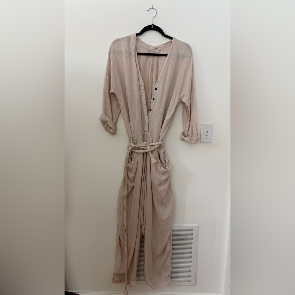 Black Crane Beige Button-Up Jumpsuit